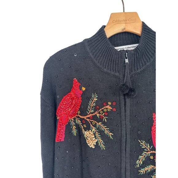 Heirloom Collectibles Christmas Black Cardigan Sweater size XL Sequin Cardinals - Picture 2 of 4